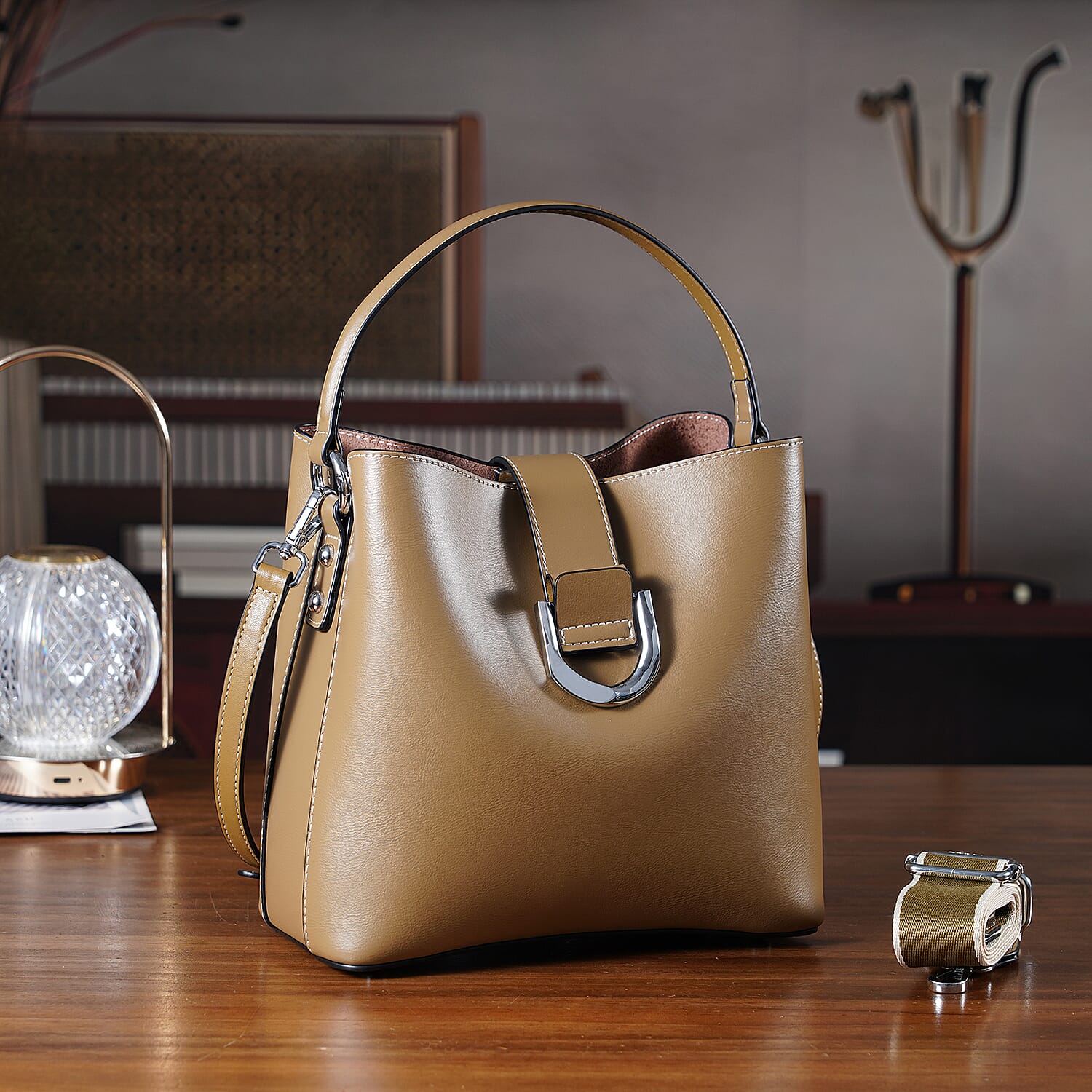 Designer Inspired Genuine Leather Bucket Bag with Detachable Strap (125cm) - Brown