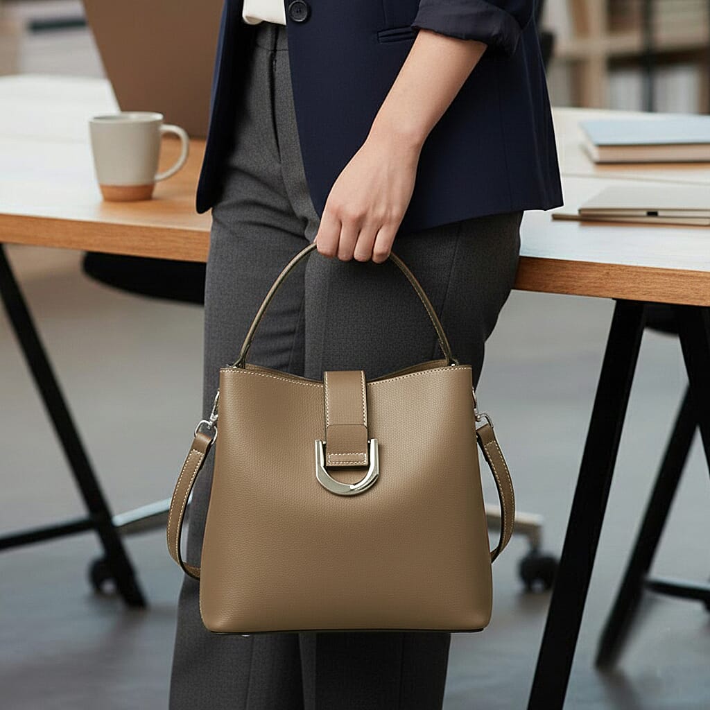 Designer Inspired Genuine Leather Bucket Bag with Detachable Strap (125cm) - Brown