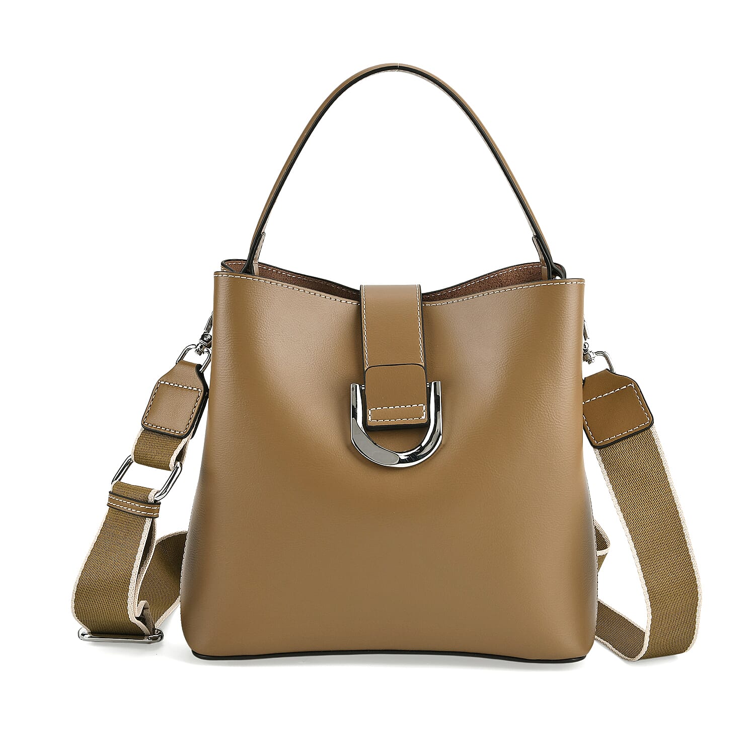 Designer Inspired Genuine Leather Bucket Bag with Detachable Strap (125cm) - Brown