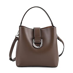 Designer Inspired Genuine Leather Bucket Bag with Detachable Strap (125cm) - Brown