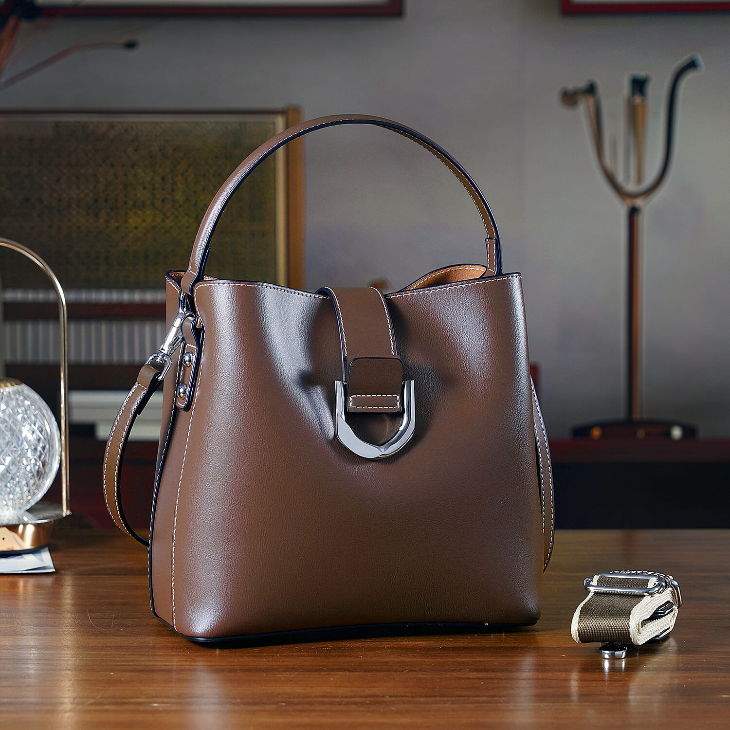 Designer Inspired Genuine Leather Bucket Bag with Detachable Strap (125cm) - Coffee