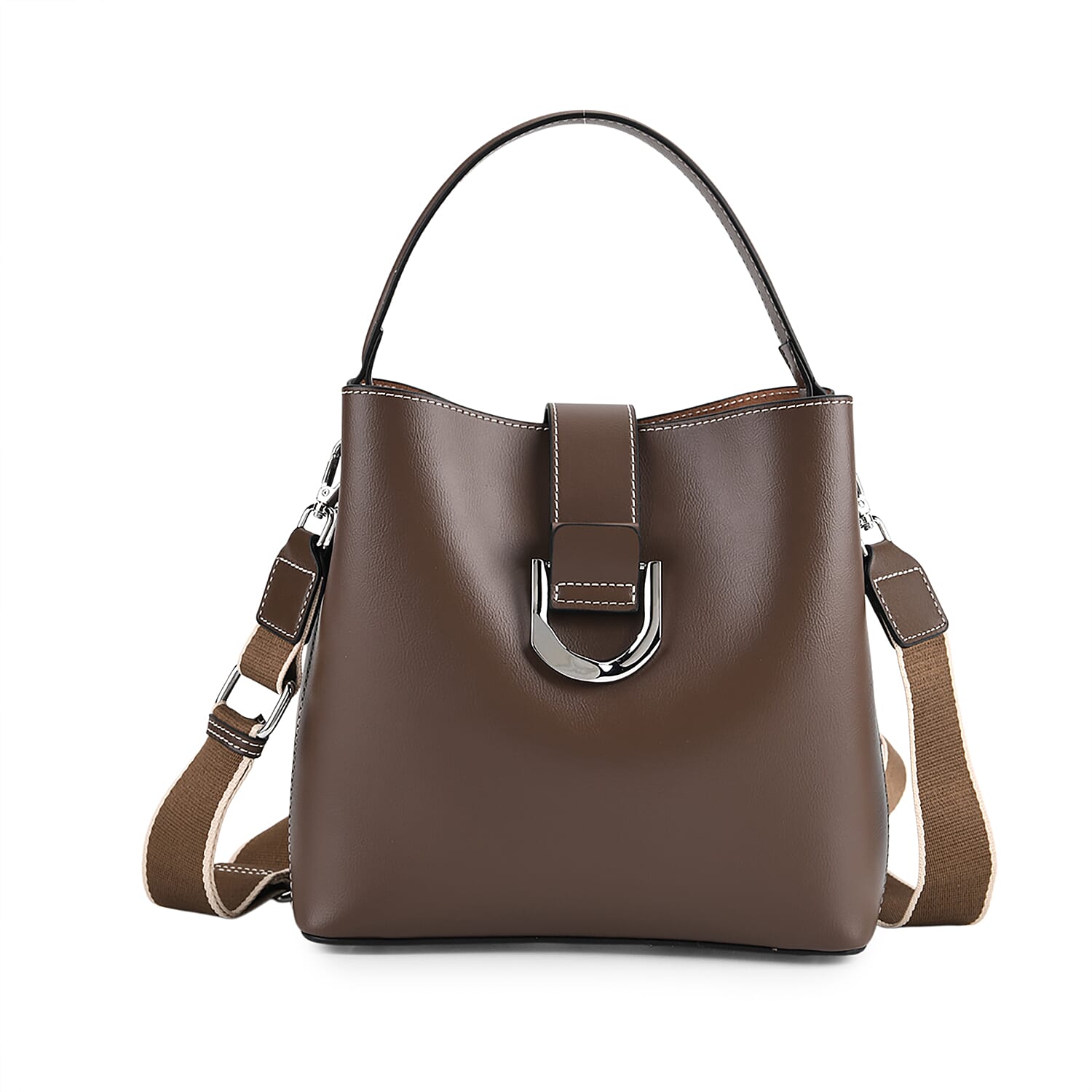 Designer Inspired Genuine Leather Bucket Bag with Detachable Strap (125cm) - Coffee