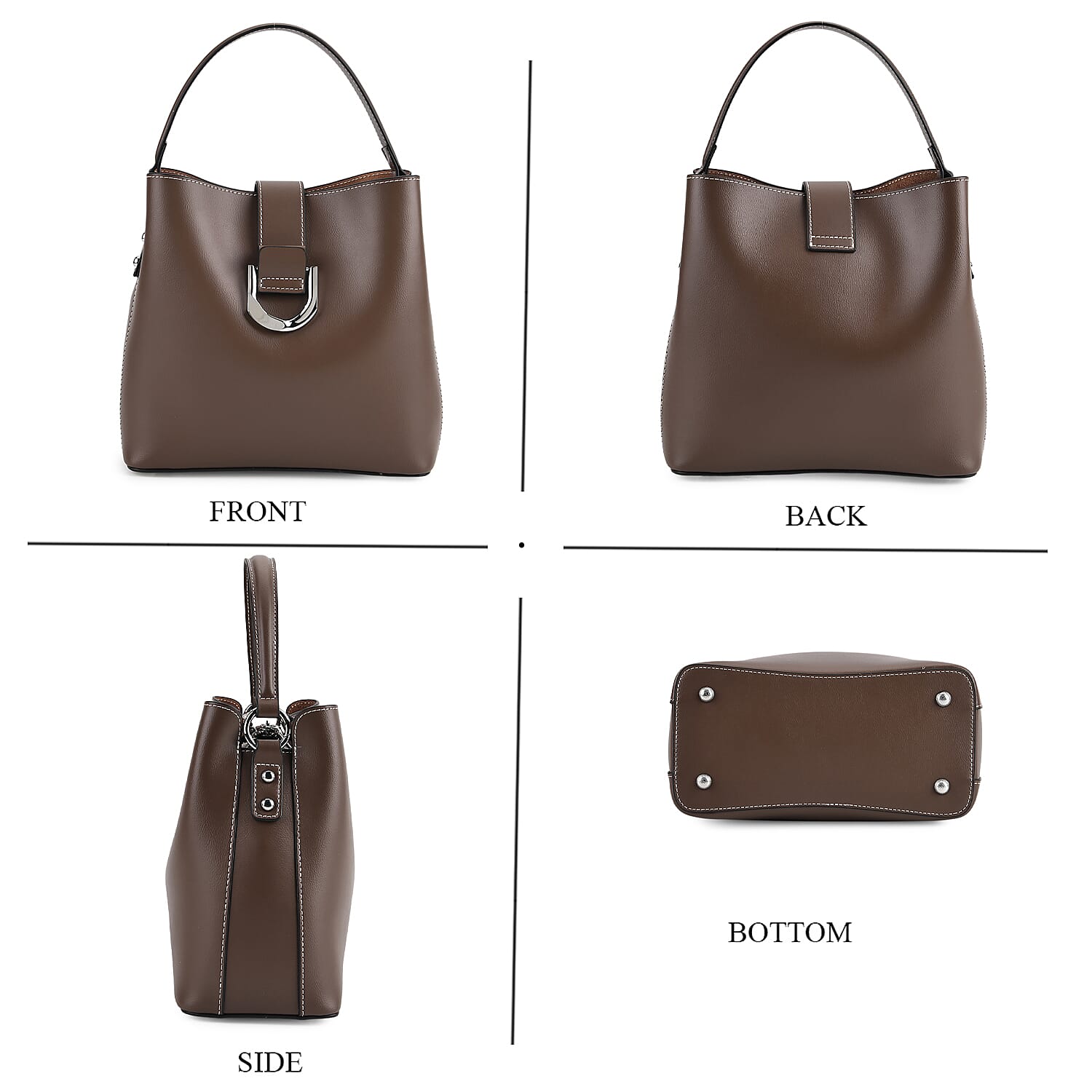 Designer Inspired Genuine Leather Bucket Bag with Detachable Strap (125cm) - Coffee