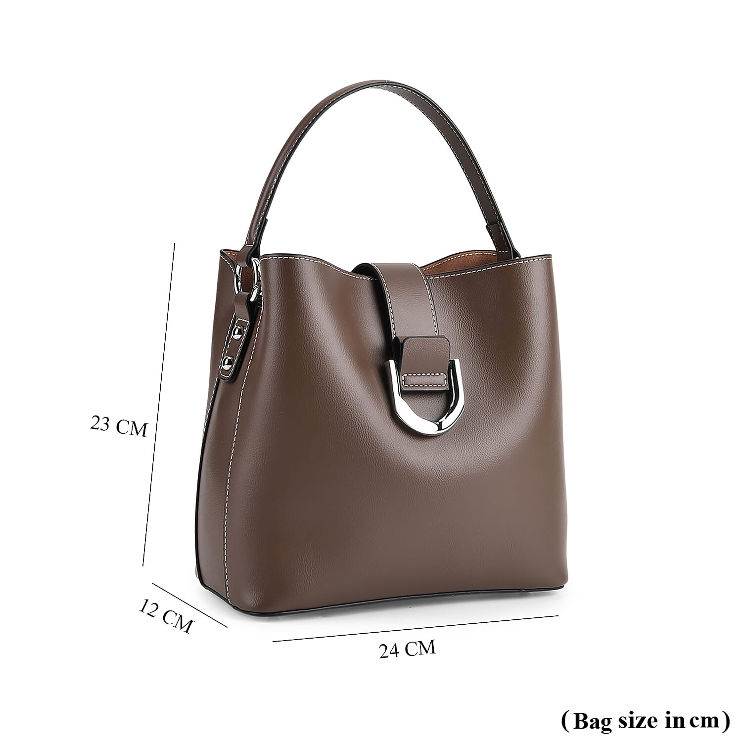 Designer Inspired Genuine Leather Bucket Bag with Detachable Strap (125cm) - Coffee