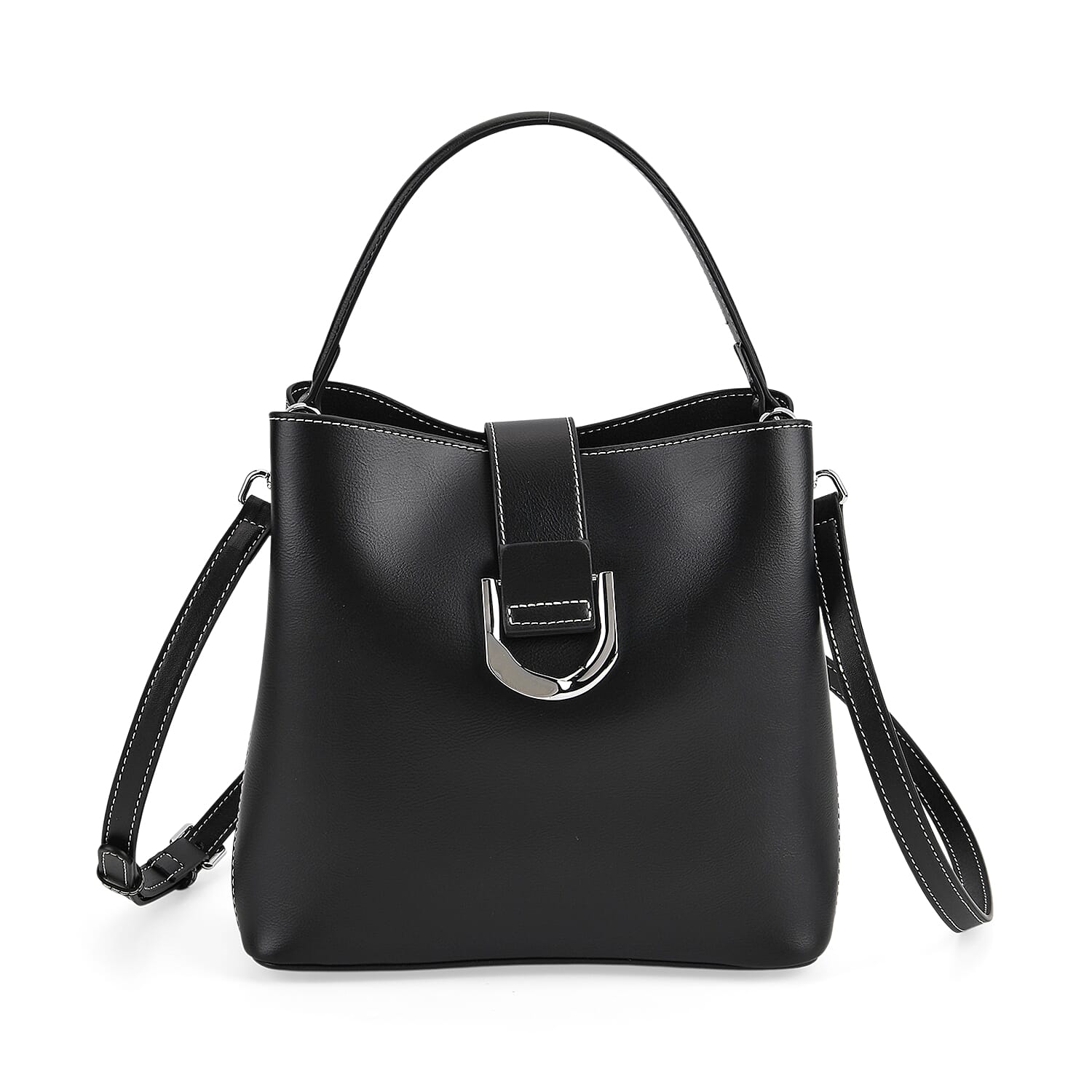 Designer Inspired Genuine Leather Bucket Bag with Detachable Strap (125cm) - Black