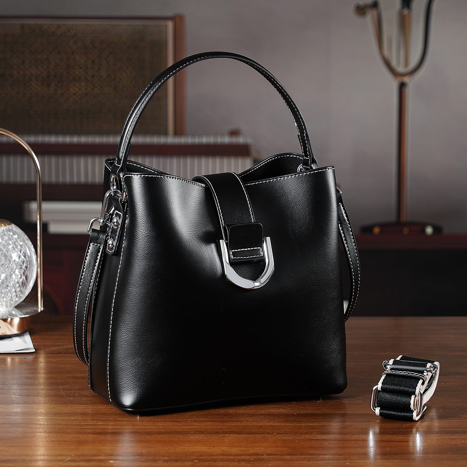 Designer Inspired Genuine Leather Bucket Bag with Detachable Strap (125cm) - Black