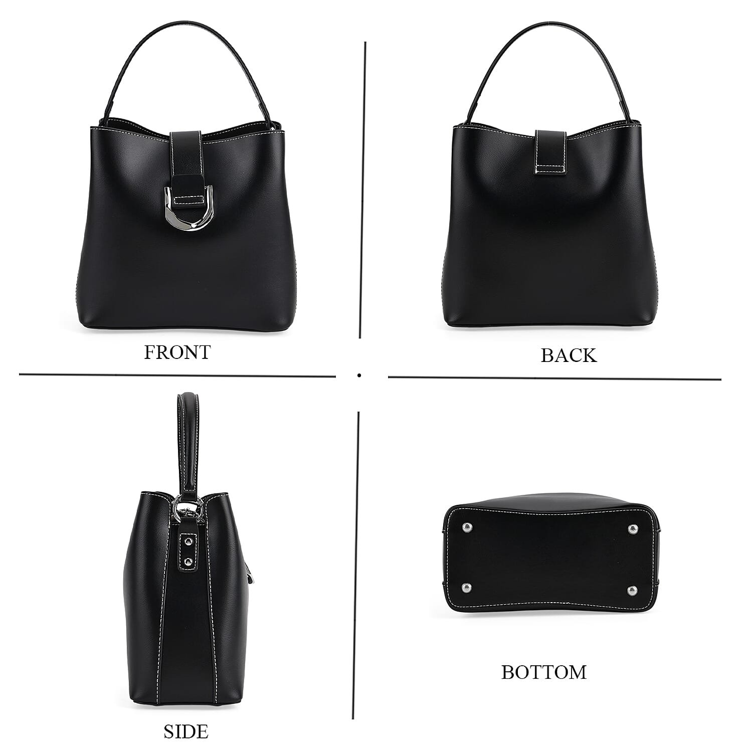 Designer Inspired Genuine Leather Bucket Bag with Detachable Strap (125cm) - Black