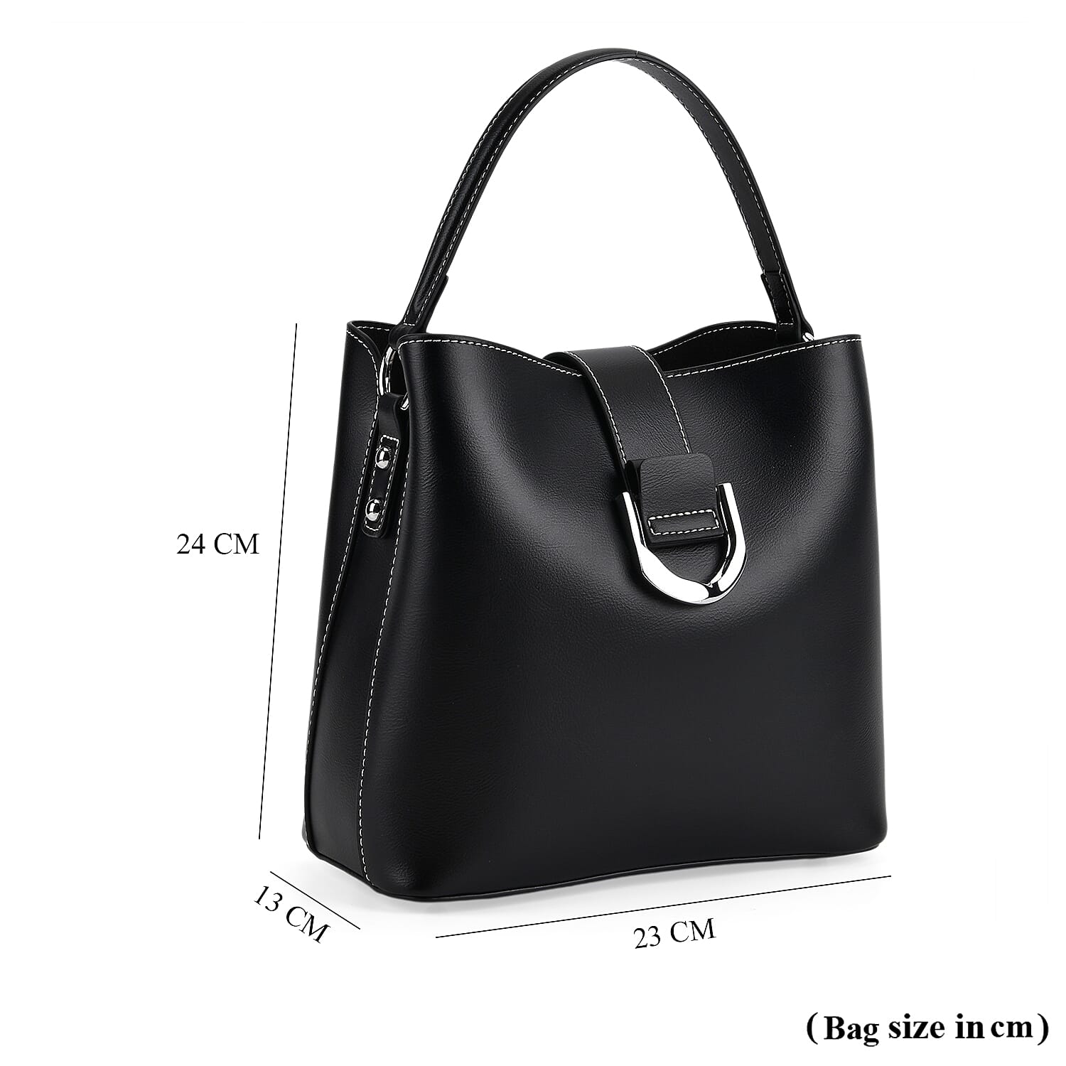 Designer Inspired Genuine Leather Bucket Bag with Detachable Strap (125cm) - Black