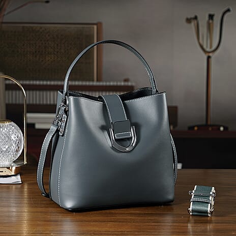 Designer Inspired Genuine Leather Bucket Bag with Detachable Strap (125cm) - Dark Teal