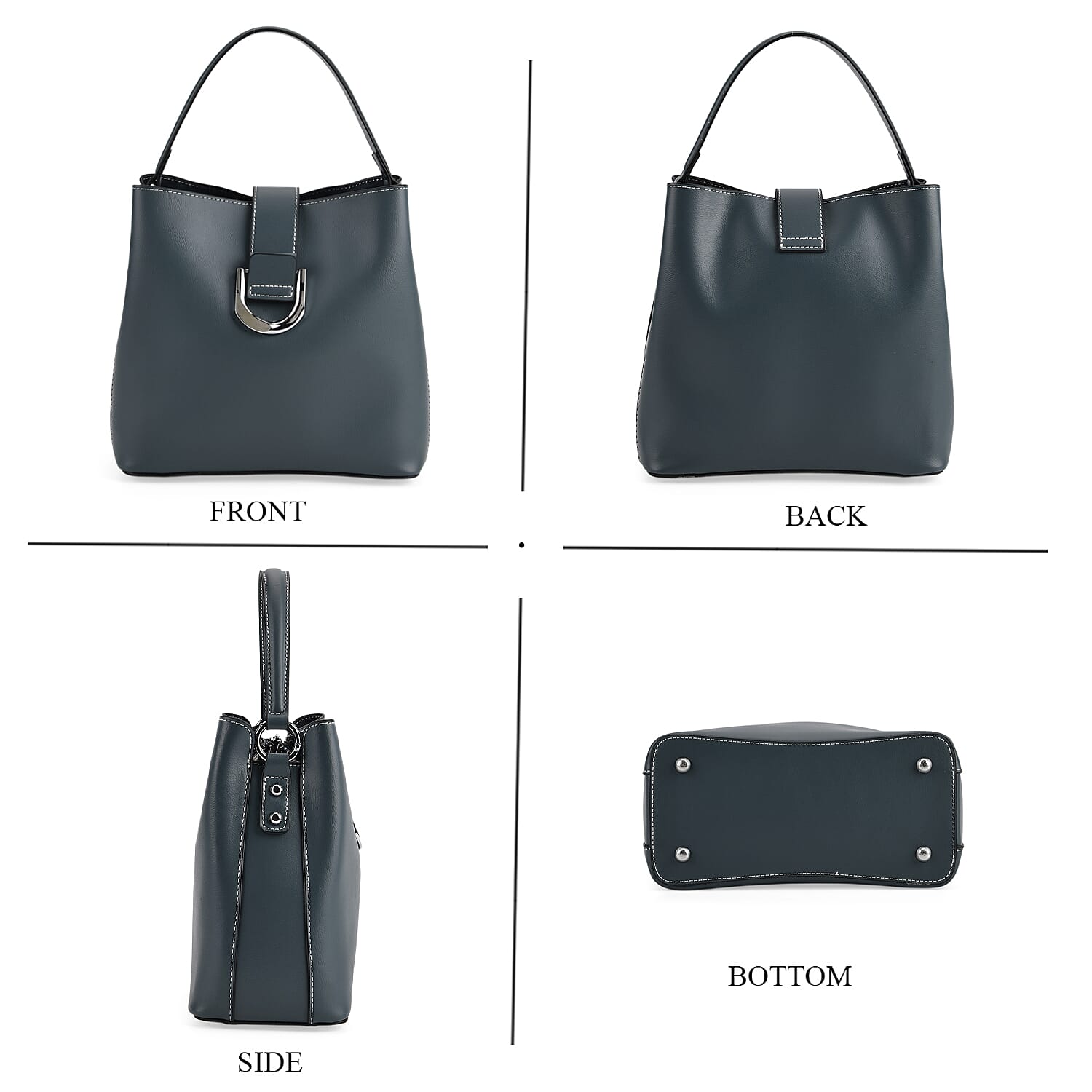 Designer Inspired Genuine Leather Bucket Bag with Detachable Strap (125cm) - Dark Teal