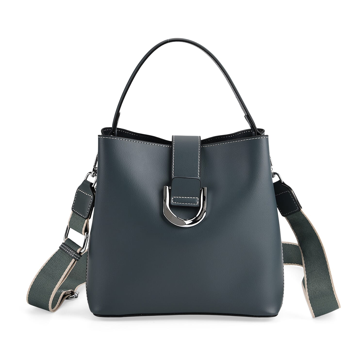 Designer Inspired Genuine Leather Bucket Bag with Detachable Strap (125cm) - Dark Teal