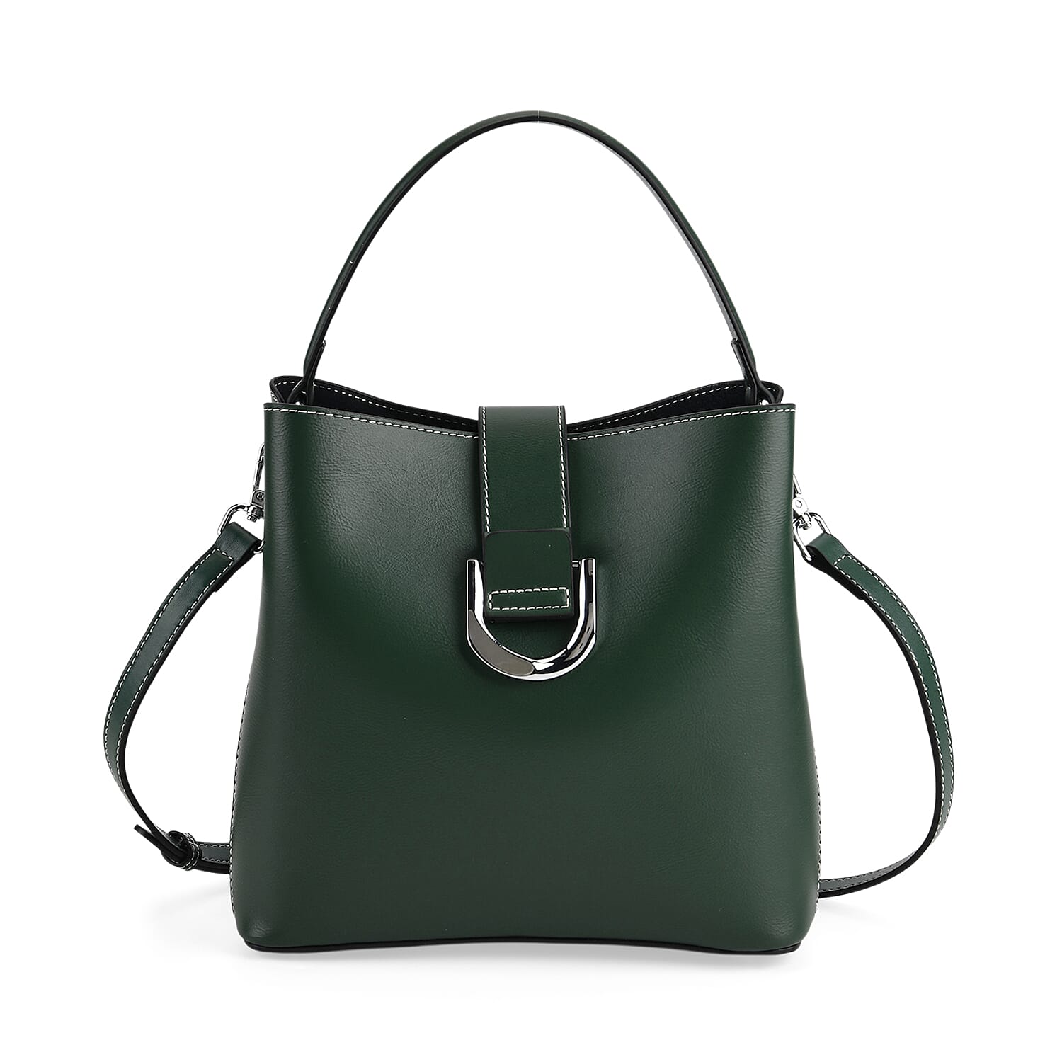 Designer Inspired Genuine Leather Bucket Bag with Detachable Strap (125cm) - Dark Green
