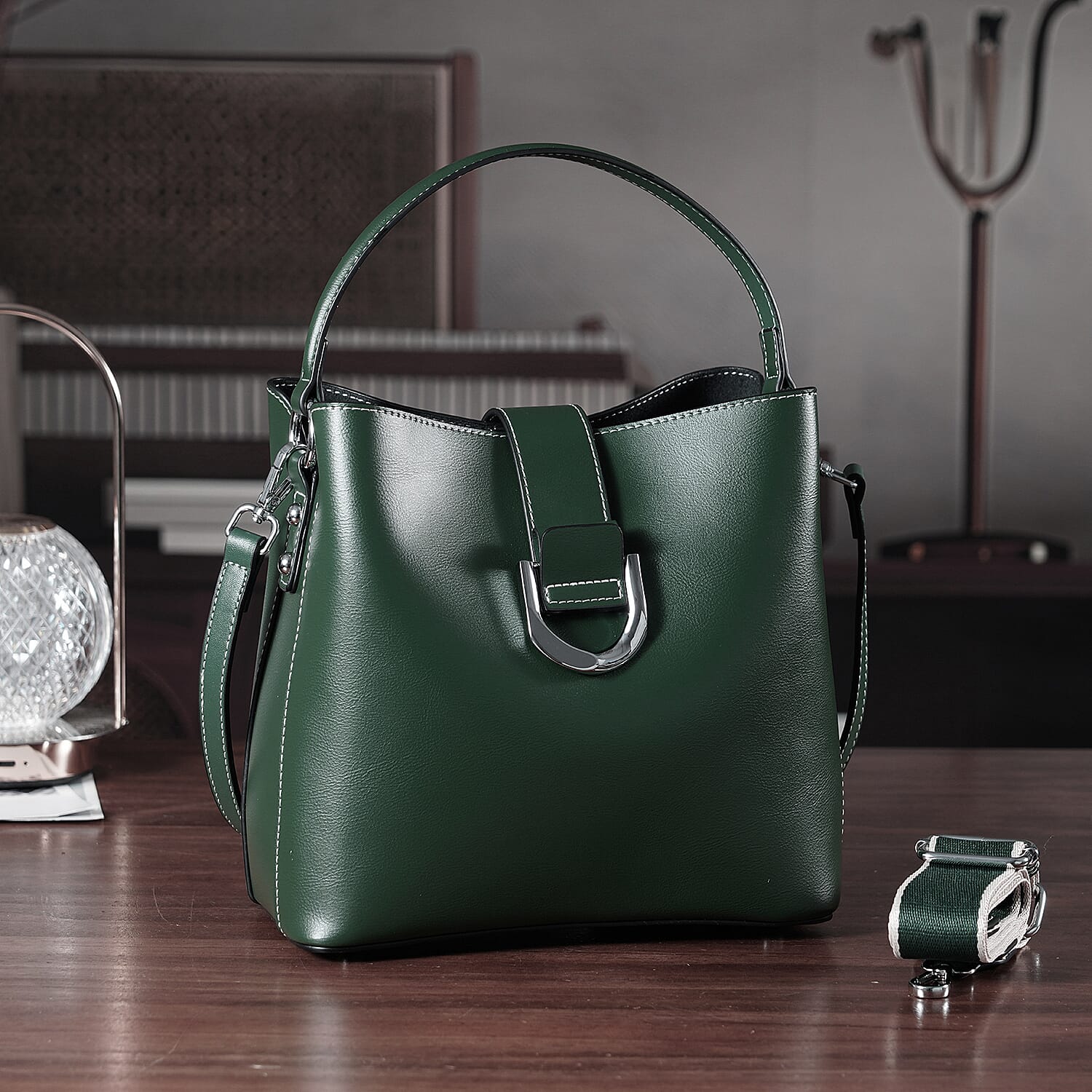 Designer Inspired Genuine Leather Bucket Bag with Detachable Strap (125cm) - Dark Green