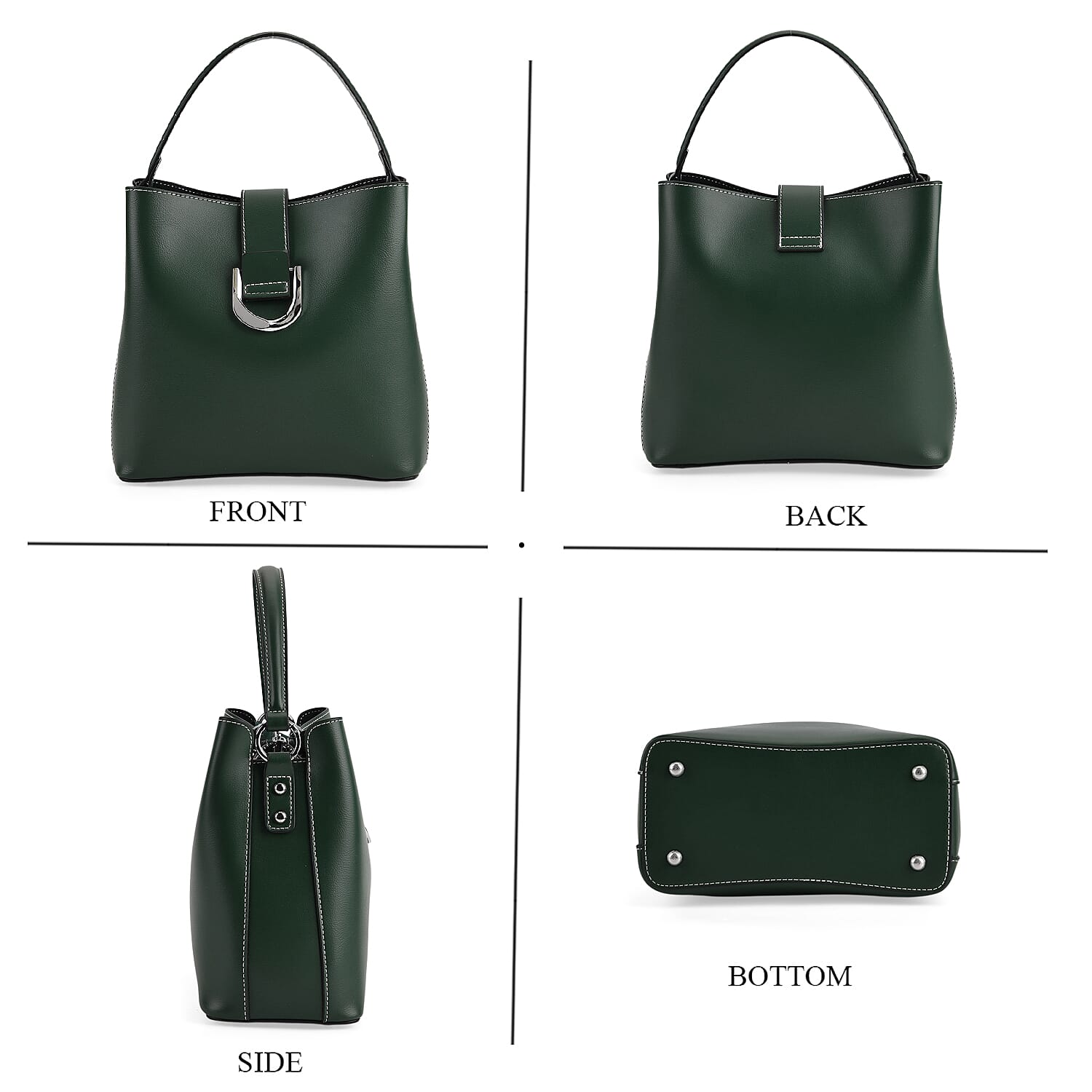 Designer Inspired Genuine Leather Bucket Bag with Detachable Strap (125cm) - Dark Green