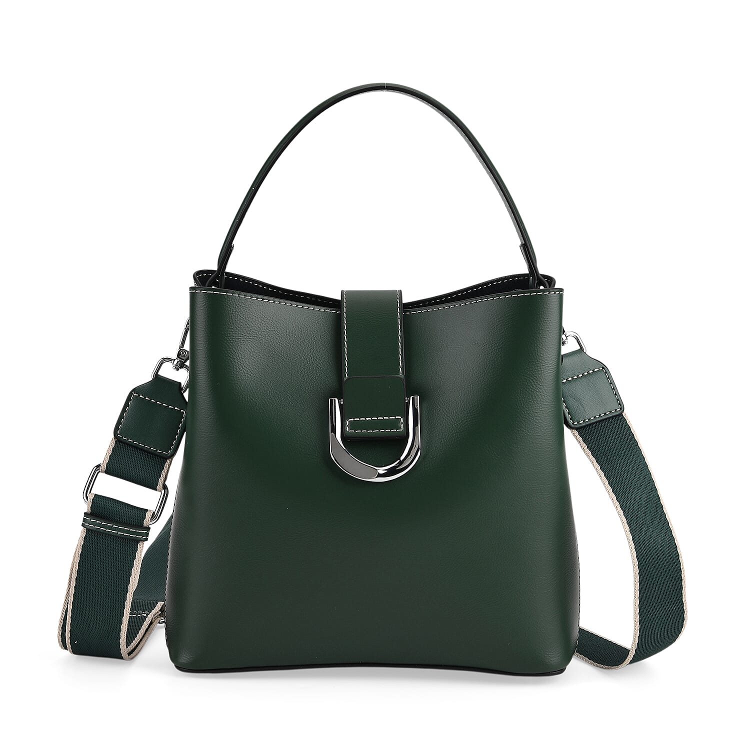 Designer Inspired Genuine Leather Bucket Bag with Detachable Strap (125cm) - Dark Green
