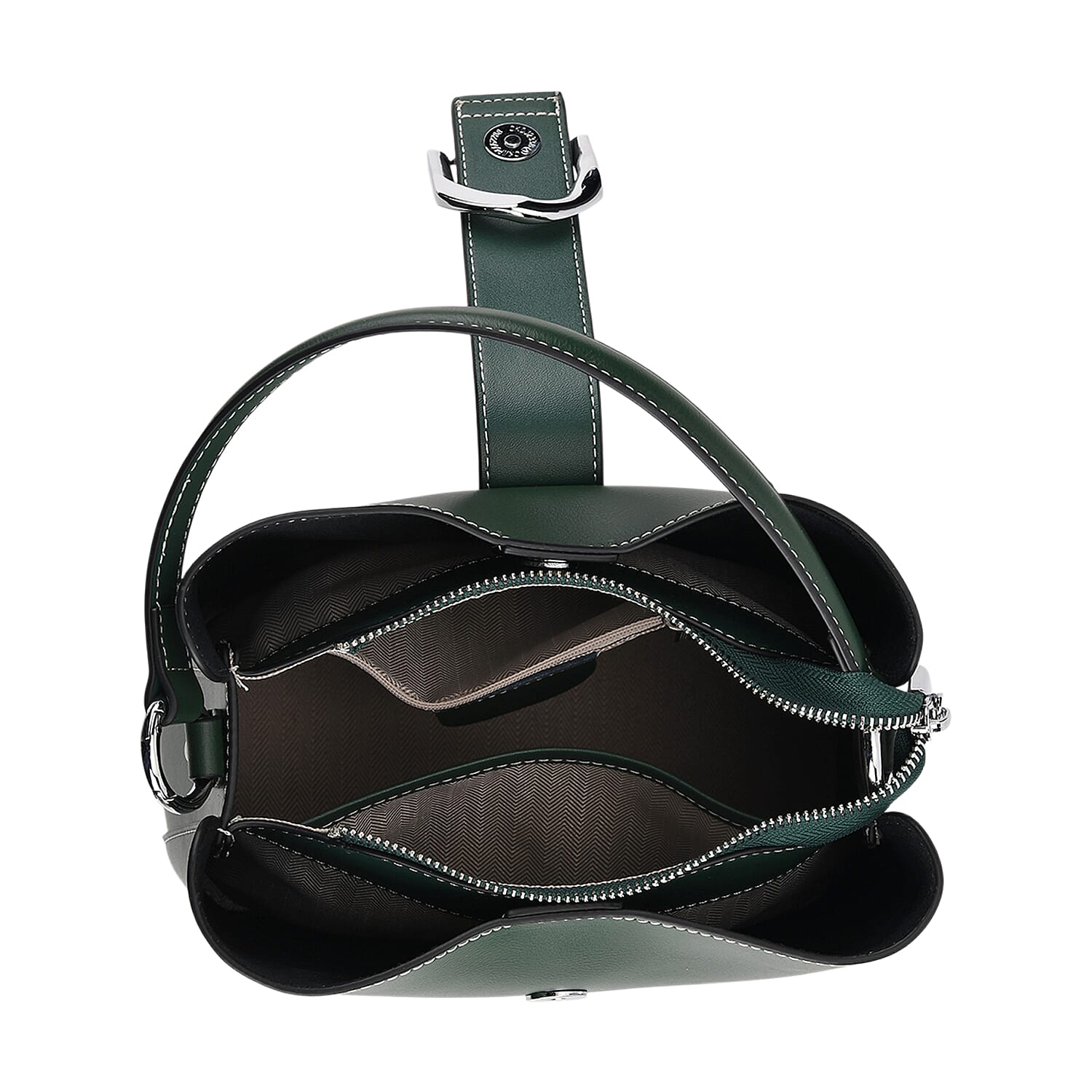 Designer Inspired Genuine Leather Bucket Bag with Detachable Strap (125cm) - Dark Green
