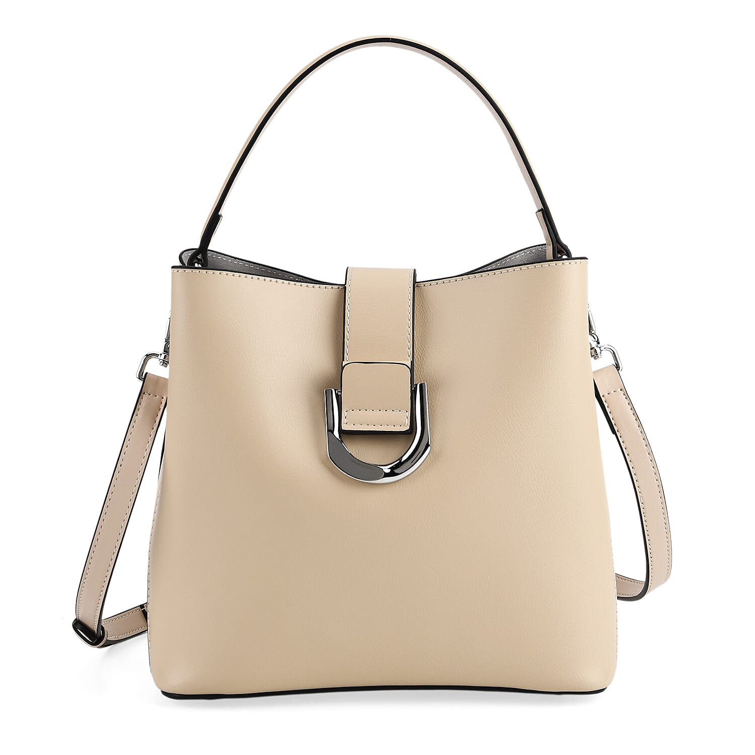 Designer Inspired Genuine Leather Bucket Bag with Detachable Strap (125cm) - Cream