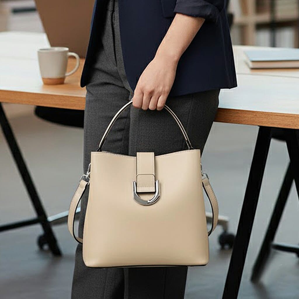 Designer Inspired Genuine Leather Bucket Bag with Detachable Strap (125cm) - Cream