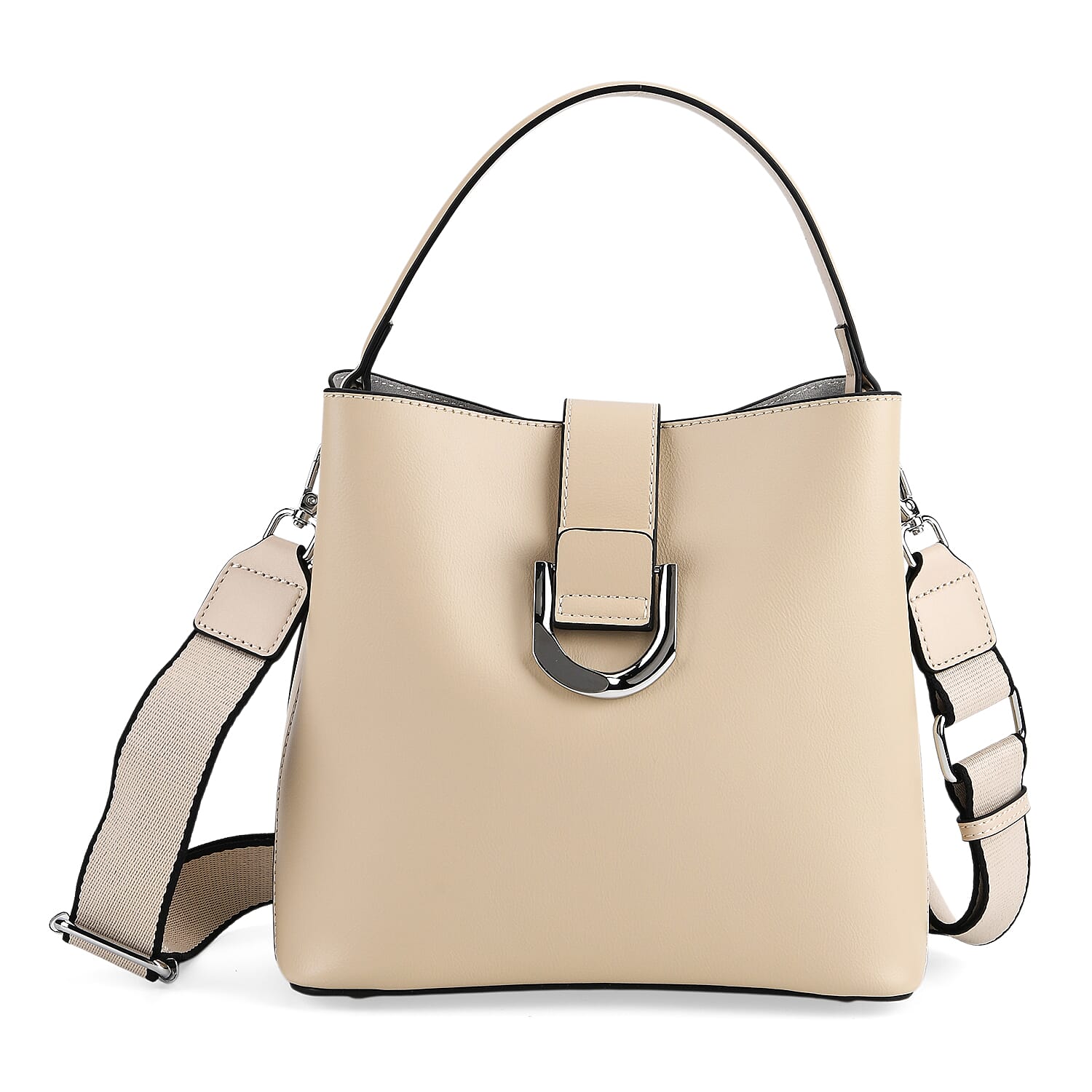 Designer Inspired Genuine Leather Bucket Bag with Detachable Strap (125cm) - Cream
