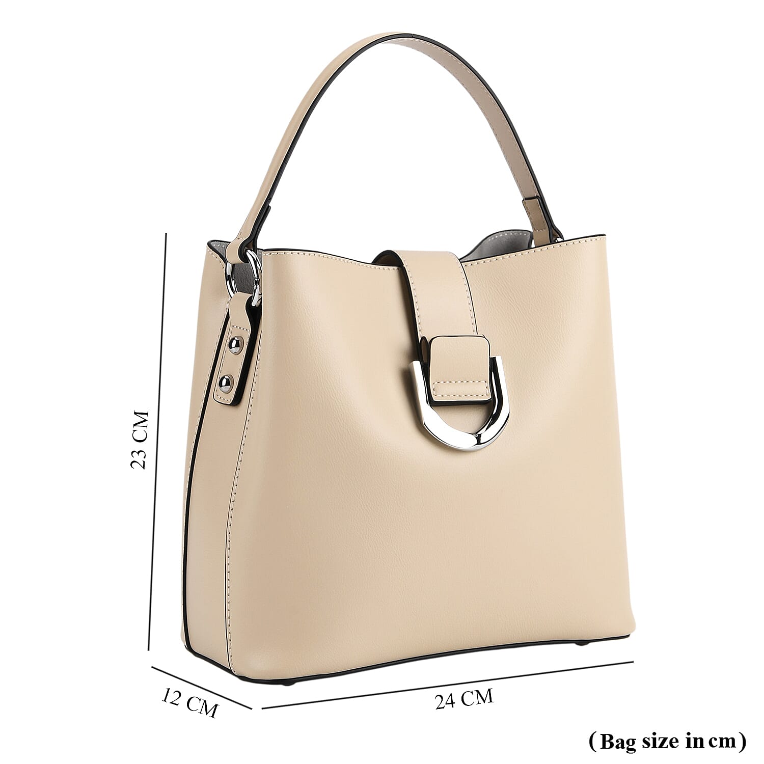 Designer Inspired Genuine Leather Bucket Bag with Detachable Strap (125cm) - Cream