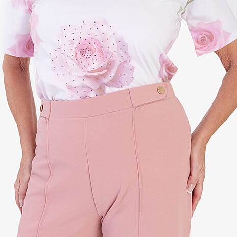 Anamor Scuba Crepe Trousers with Side Lock Gold Button Detail and 27Inch Leg (Size 12) - Rose Pink