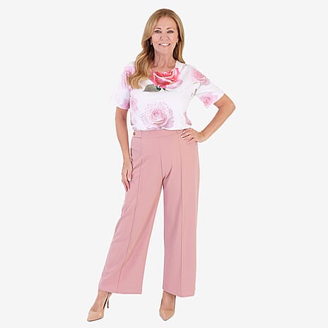 Anamor Crepe Pintuck Wideleg Trousers With Gold Button Detail (Size 14) - Dusty Pink