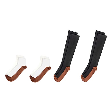 4-Pair Magic Copper Short - Long Socks (Size L-XL) - Black - White with Brown