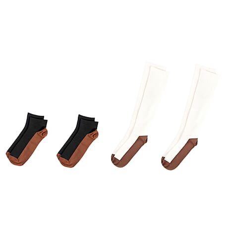 4-Pair Magic Copper Short - Long Socks (Size S-M) - Black - White with Brown