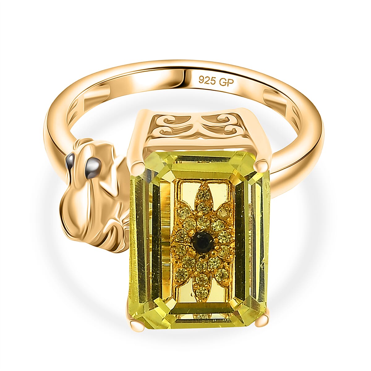 GP - Italian Garden Collection - Green Gold Quartz, Blue Sapphire & White Zircon Living Creature Ring in 18K Vermeil Yellow Gold Plated Sterling Silver 8.39 Ct.