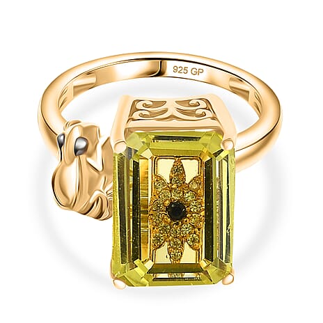 GP - Italian Garden Collection - Green Gold Quartz, Blue Sapphire & White Zircon Living Creature Ring in 18K Vermeil Yellow Gold Plated Sterling Silver 8.39 Ct.