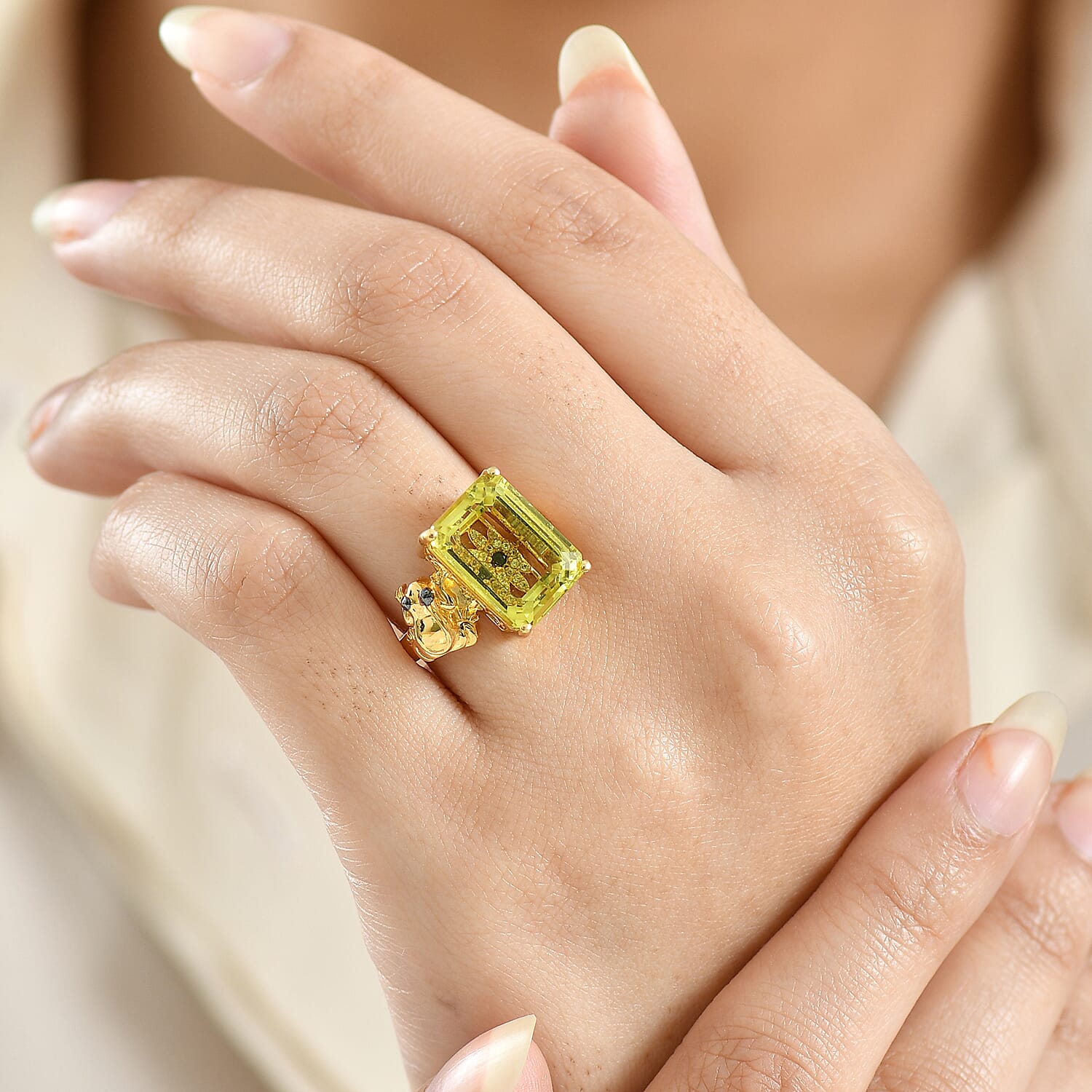 GP - Italian Garden Collection - Green Gold Quartz, Blue Sapphire & White Zircon Living Creature Ring in 18K Vermeil Yellow Gold Plated Sterling Silver 8.39 Ct.