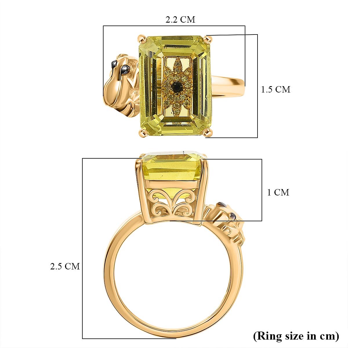 GP - Italian Garden Collection - Green Gold Quartz, Blue Sapphire & White Zircon Living Creature Ring in 18K Vermeil Yellow Gold Plated Sterling Silver 8.39 Ct.