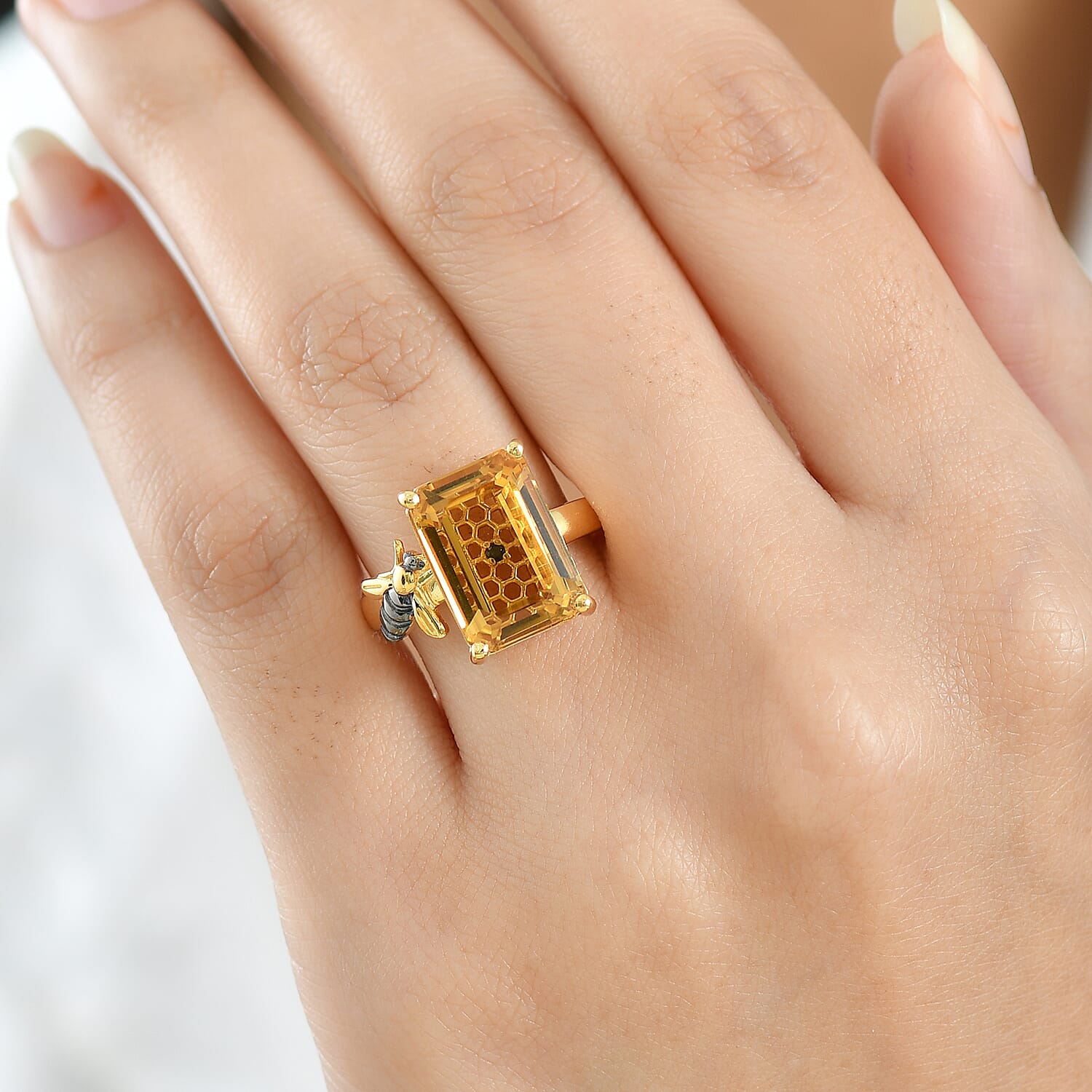 GP - Honeycomb Collection - Citrine & Blue Sapphire Living Creature Ring in 18K Vermeil Yellow Gold Plated Sterling Silver 8.19 Ct.