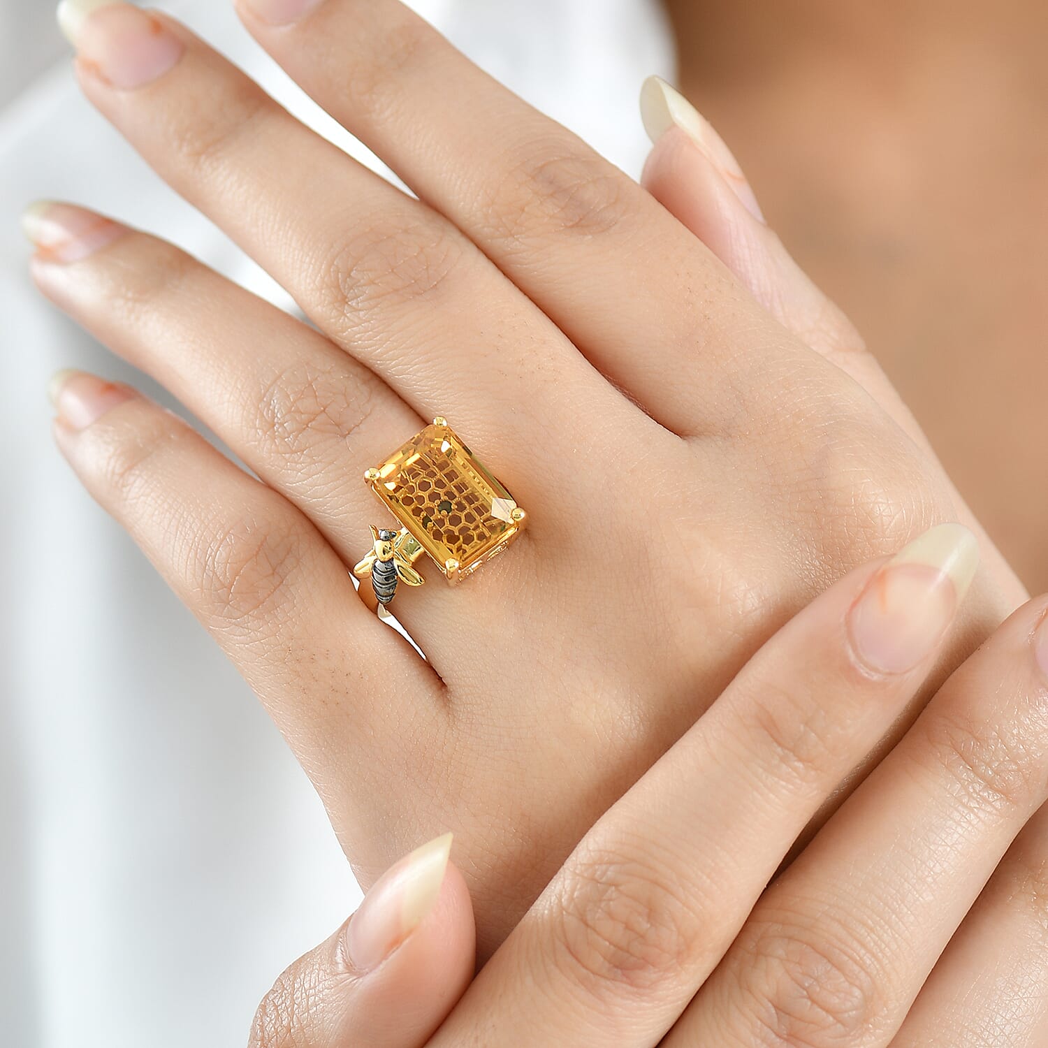 GP - Honeycomb Collection - Citrine & Blue Sapphire Living Creature Ring in 18K Vermeil Yellow Gold Plated Sterling Silver 8.19 Ct.