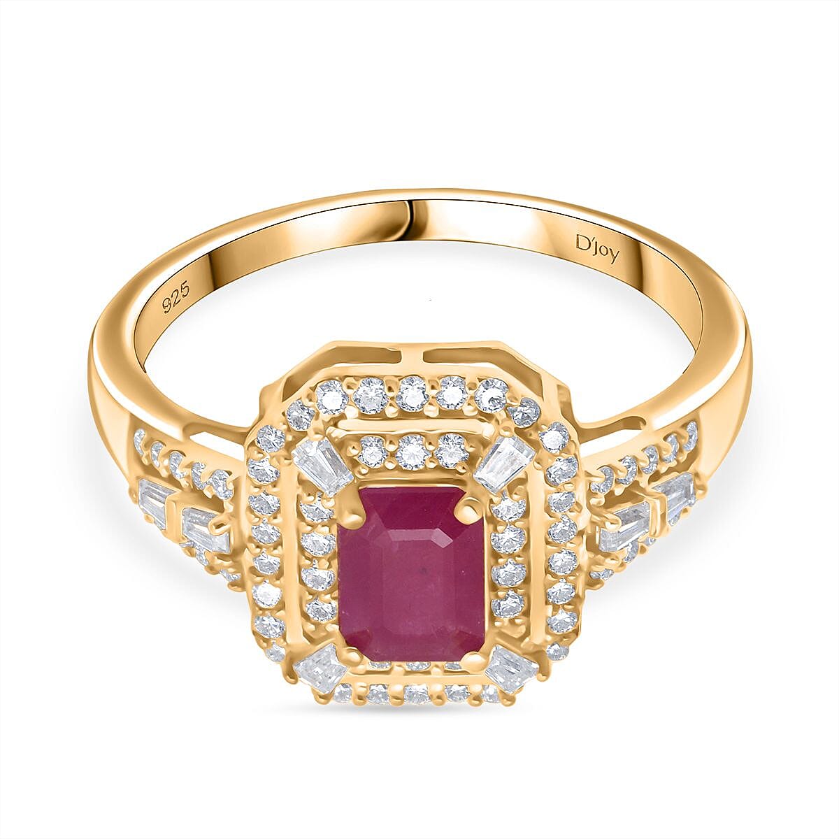 D'Joy Taveta Natural Ruby, Moissanite Halo Ring in 18K Vermeil Yellow Gold Plated Sterling Silver 2.04 Ct.