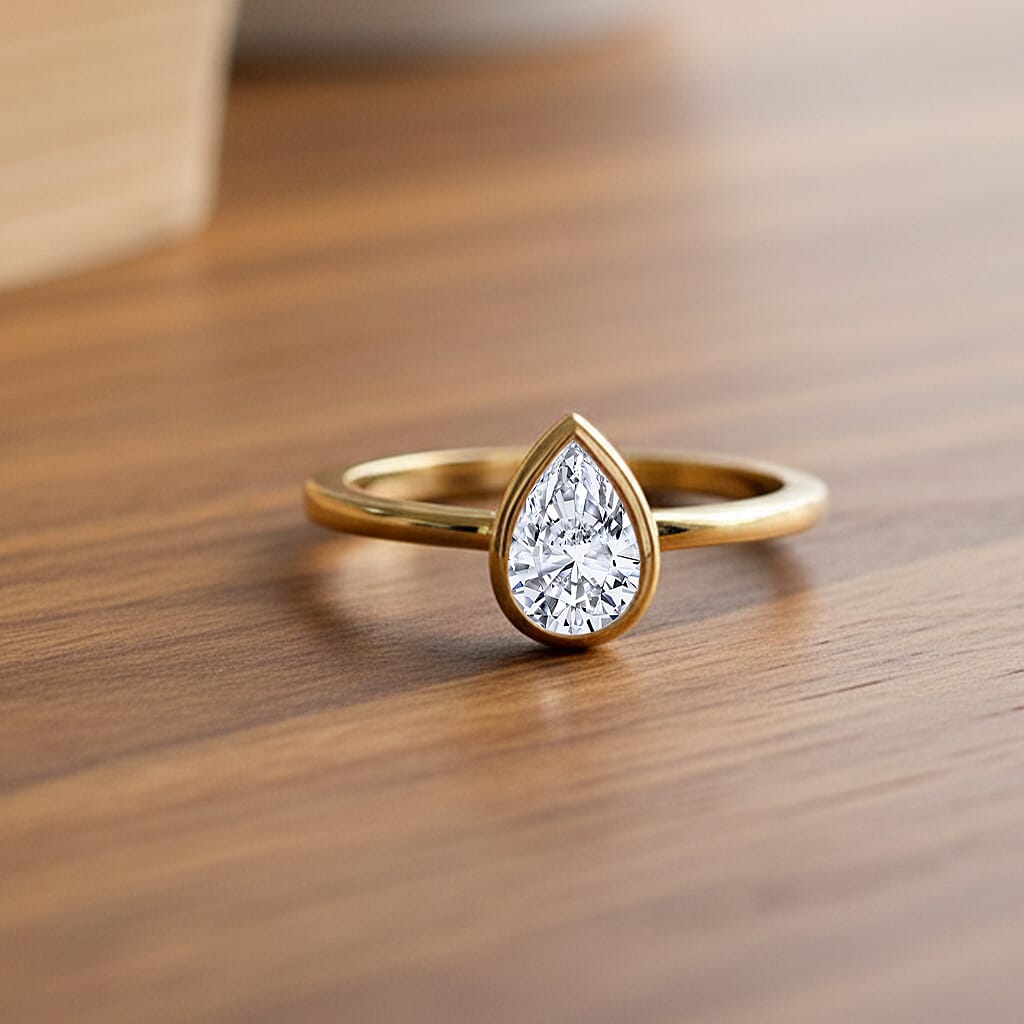 DOORBUSTER DEAL - Luxuriant Lab Grown Diamond (SI-GH) Pear Ring in 18K Yellow Gold Vermeil Sterling Silver 1.02 Ct