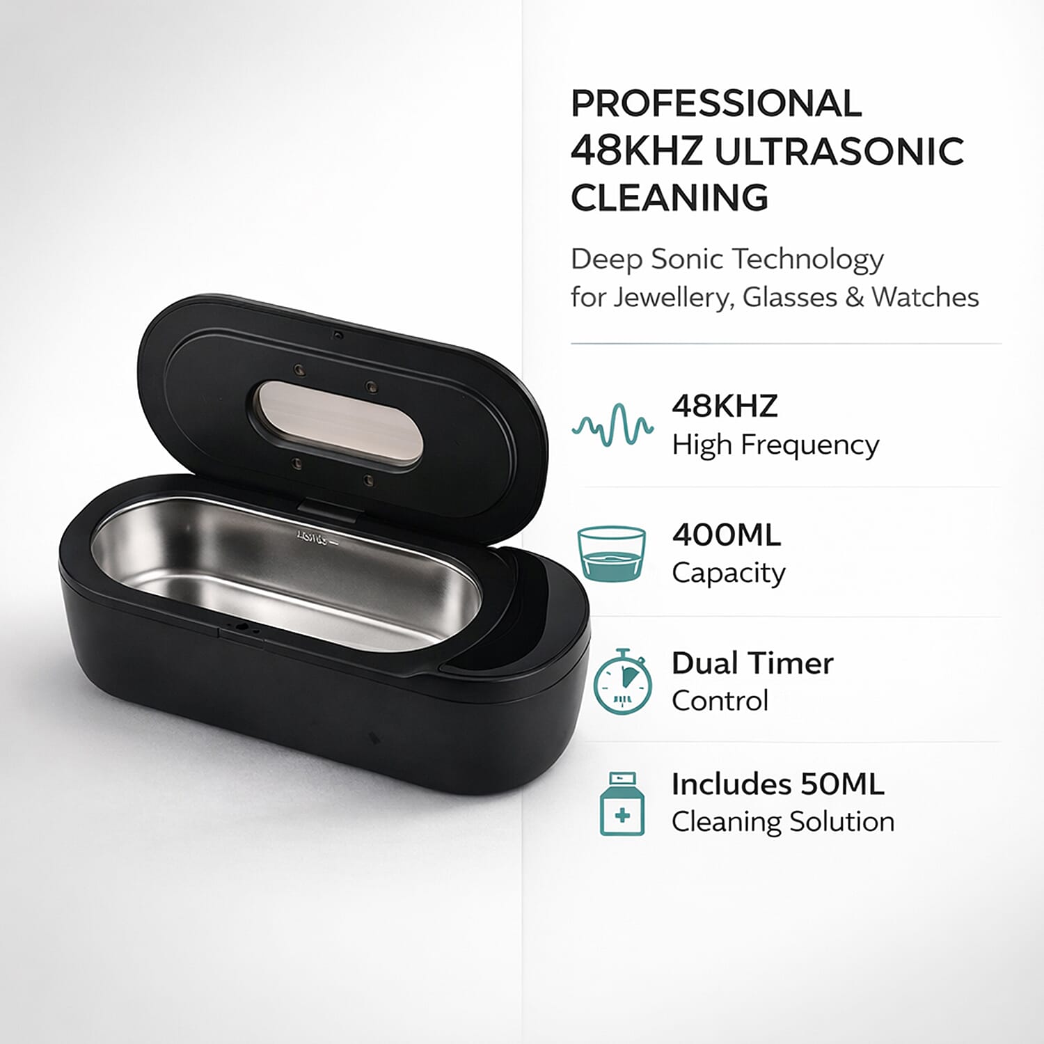 SC-200 Ultrasonic Jewellery Cleaner - 48kHz Professional Sonic Cleaner for Glasses & Watches with 50ml Solution & Dual Timers  (400mL)