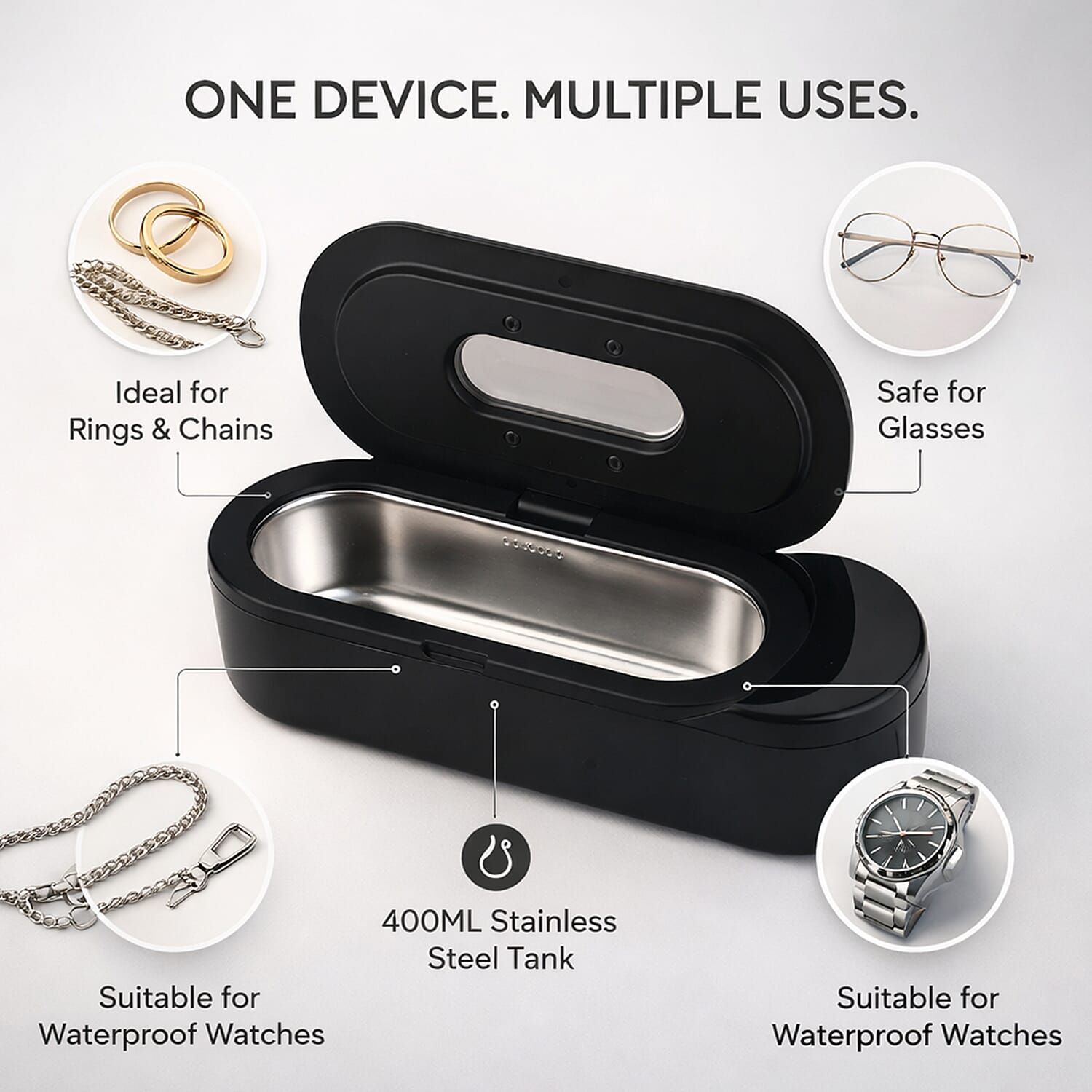 SC-200 Ultrasonic Jewellery Cleaner - 48kHz Professional Sonic Cleaner for Glasses & Watches with 50ml Solution & Dual Timers  (400mL)