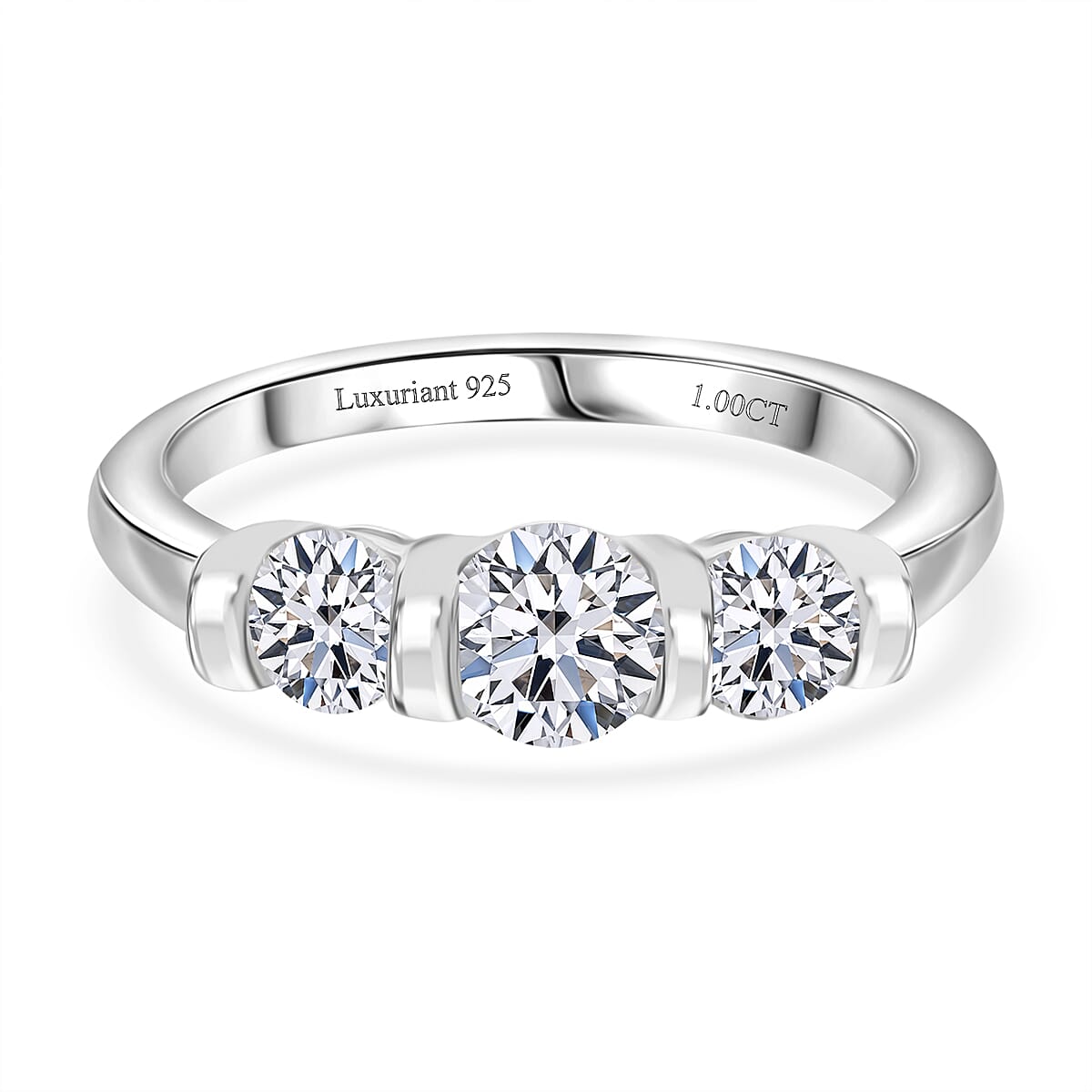 Luxuriant Round Cut Lab Grown Diamond (SI-GH) Trilogy Ring in Rhodium Overlay Plated Sterling Silver 1.00 Ct.