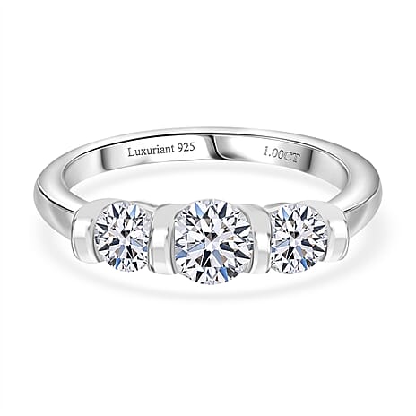 Luxuriant Round Cut Lab Grown Diamond (SI-GH) Trilogy Ring in Rhodium Overlay Plated Sterling Silver 1.00 Ct.