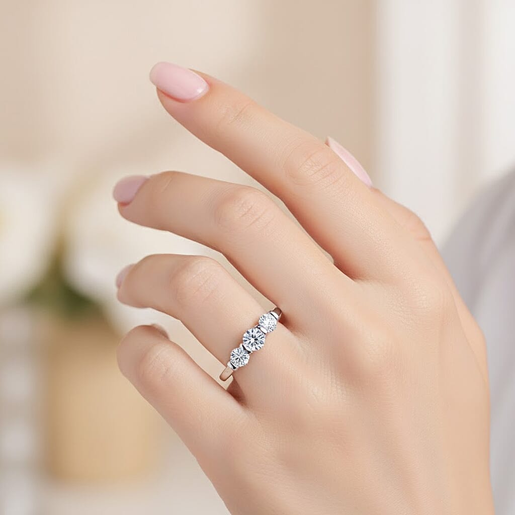 Luxuriant Round Cut Lab Grown Diamond (SI-GH) Trilogy Ring in Rhodium Overlay Plated Sterling Silver 1.00 Ct.