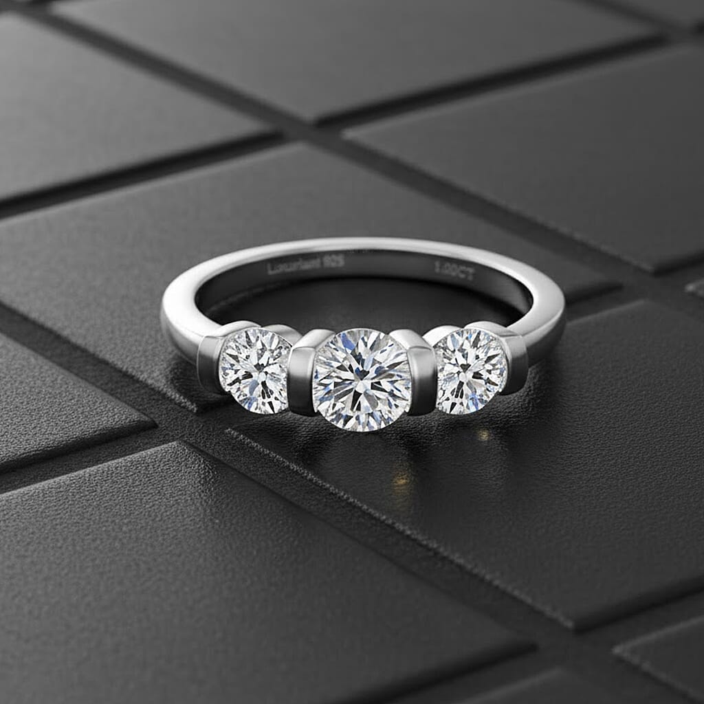 Luxuriant Round Cut Lab Grown Diamond (SI-GH) Trilogy Ring in Rhodium Overlay Plated Sterling Silver 1.00 Ct.