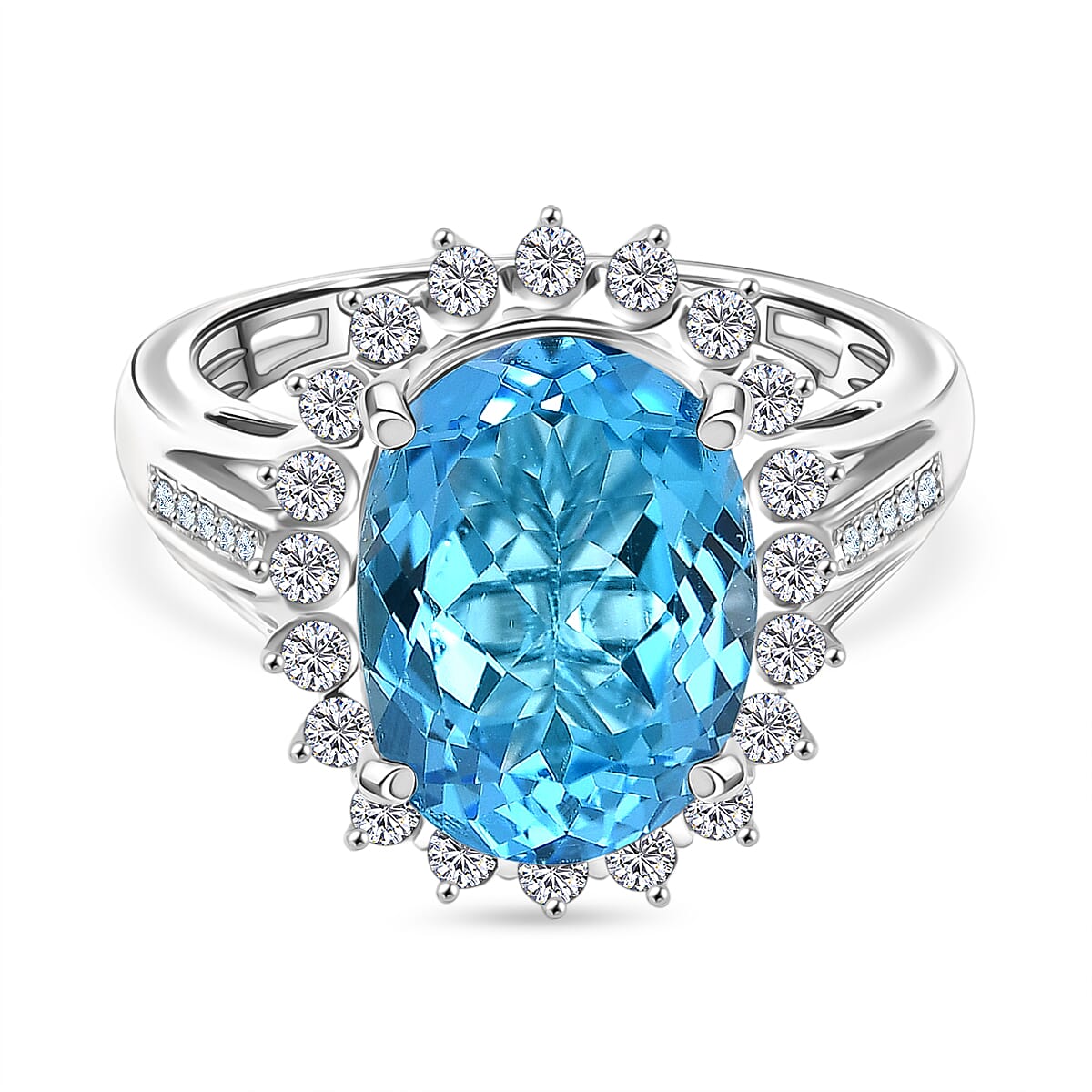 D'Joy Swiss Blue Topaz & White Zircon Halo Ring in Rhodium Overlay Sterling Silver 7.55 Ct.