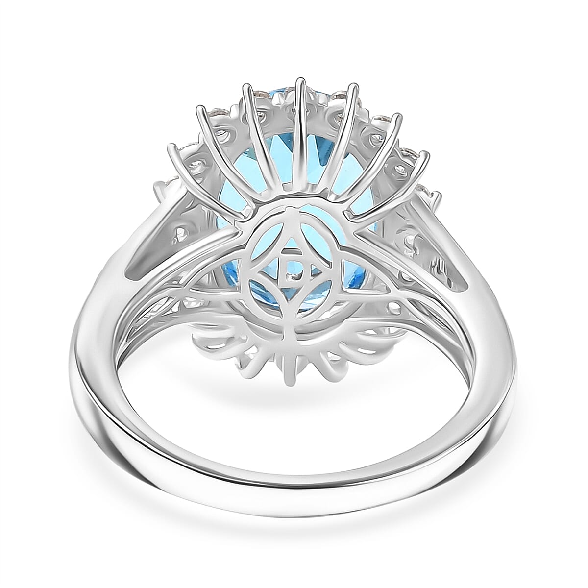 D'Joy Swiss Blue Topaz & White Zircon Halo Ring in Rhodium Overlay Sterling Silver 7.55 Ct.