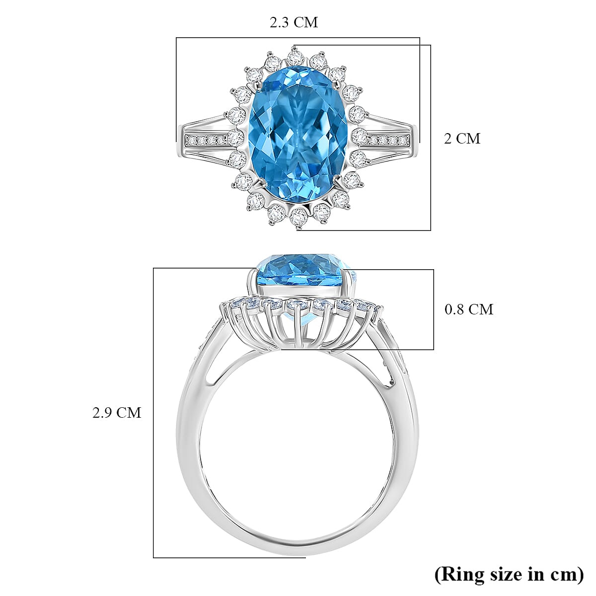 D'Joy Swiss Blue Topaz & White Zircon Halo Ring in Rhodium Overlay Sterling Silver 7.55 Ct.