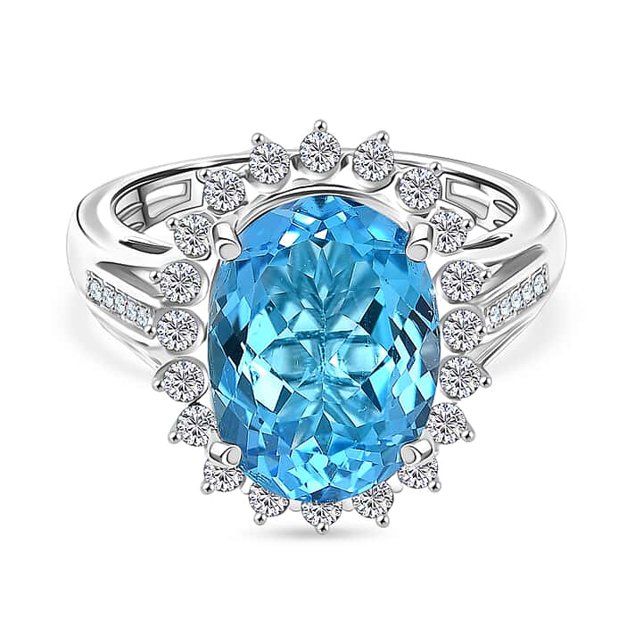 D'Joy - Swiss Blue Topaz & White Zircon Halo Ring in Rhodium Overlay Sterling Silver 7.55 Ct.