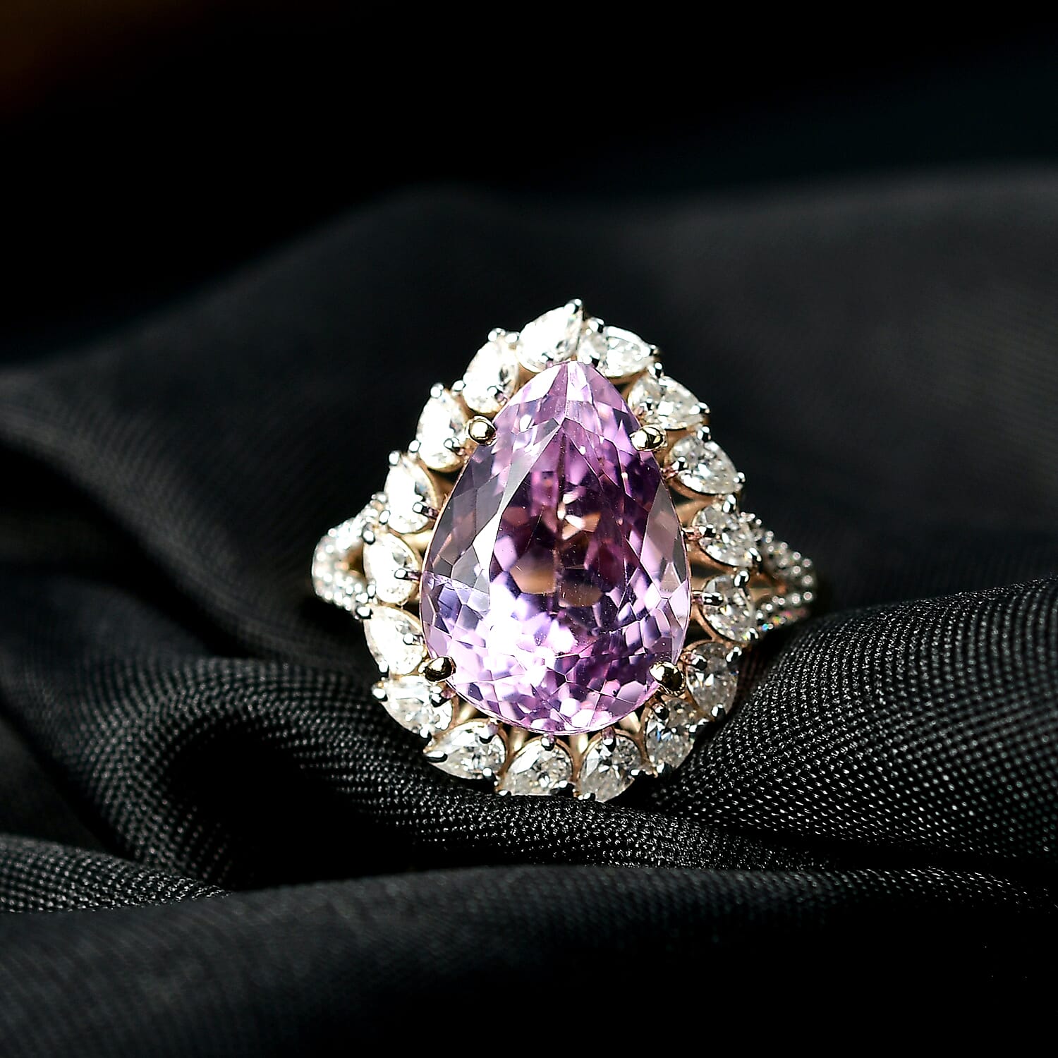 9K Yellow Gold AAA Kunzite & Moissanite Ring 8.46 Ct.