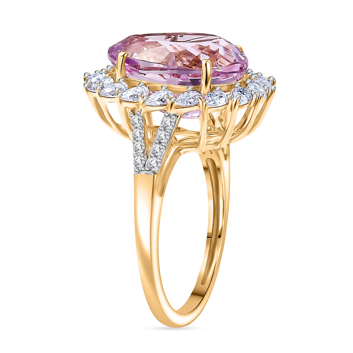 9K Yellow Gold AAA Kunzite & Moissanite Ring 8.46 Ct.