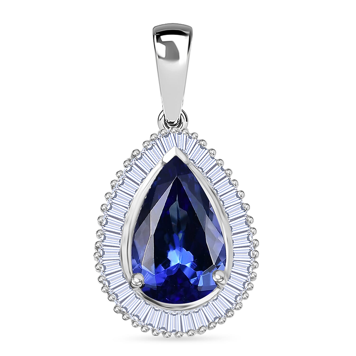 RHAPSODY 950 Platinum AAAA Tanzanite and Natural Diamond (VS-EF) Pear Cut Halo Pendant 3.00 Ct. Platinum Wt. 3.01 Gms