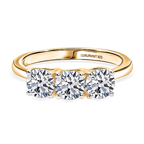 Luxuriant SI-G-H Lab Grown Diamond 3 Stone Ring in 18K Vermeil Yellow Gold Plated Sterling Silver 1.55 Ct.